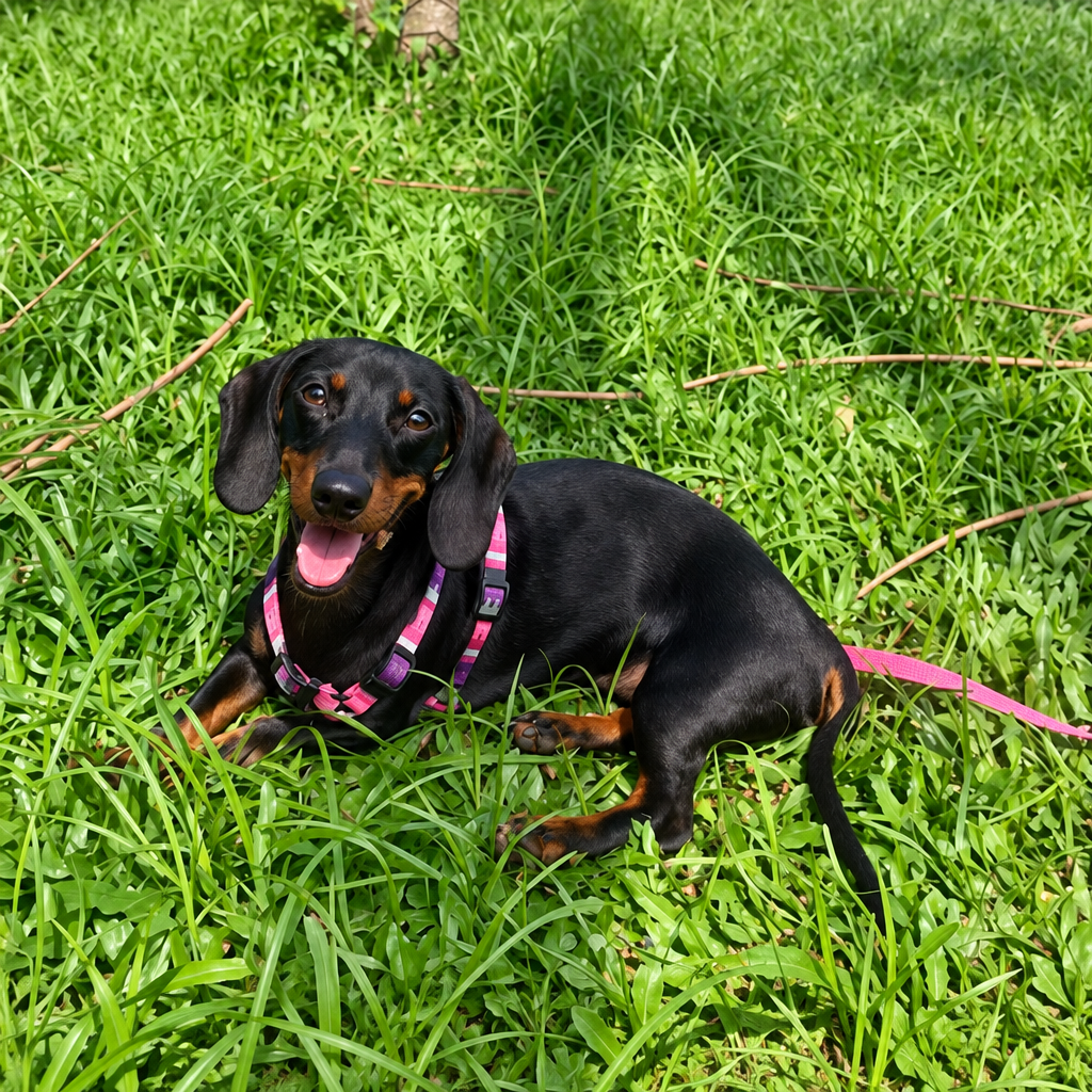 Rihanna, a dachshund black and tan da SimplizaArte, sorrindo na grama